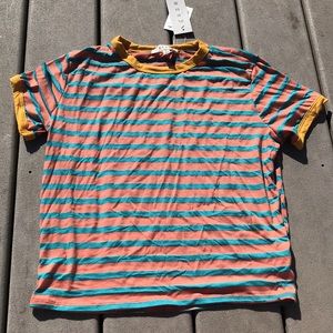 Medium coral and teal striped shirt